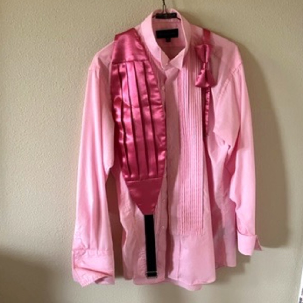 Pink Tuxedo shirt with bow tie and cummerbund